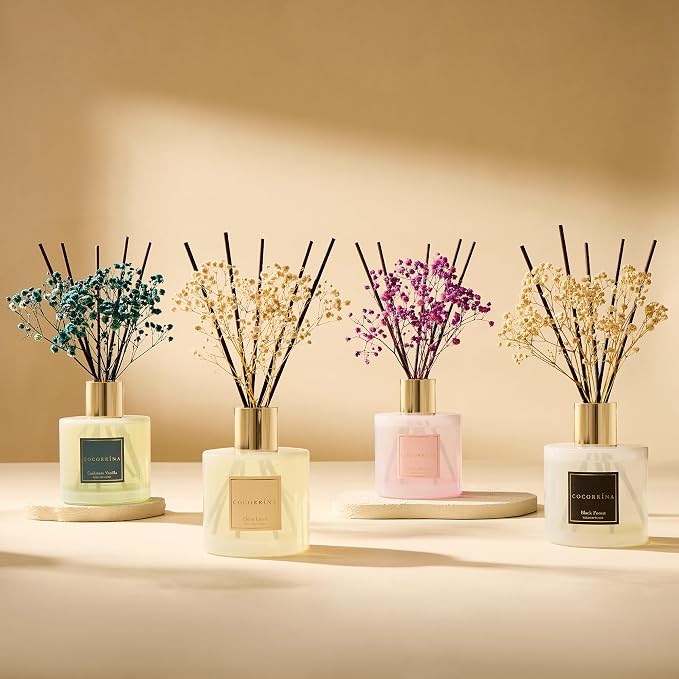 COCORRÍNA Reed Diffuser - Black Forest 17 Fl.oz Reed Diffuser with 8 Sticks Scented Diffuser with Preserved Flowers for Bathroom Home Decor