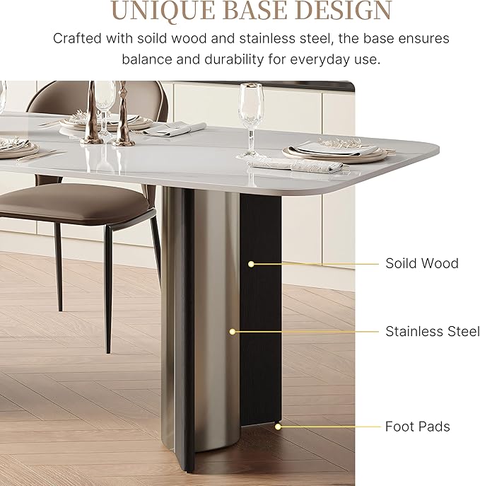 Modern Sintered Stone White Dining Table for 4-6 with Stainless Steel & Wood Legs, 63 Inch Glossy Kitchen Table, Easy Assembly Rectangular Dining Room Table (Table Only)