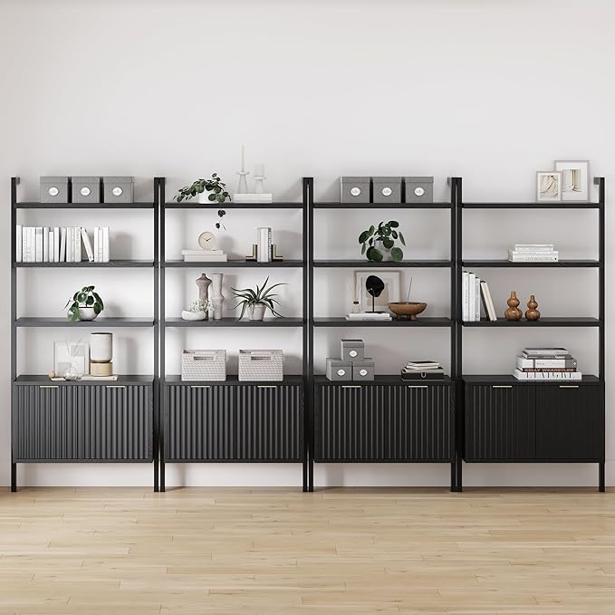 Nathan James Jasper 3-Shelf Solid Wood Boho Bookshelf, Wall Mounted Bookshelf with Cabinet with Fluted Doors, Black Oak, Set of 4