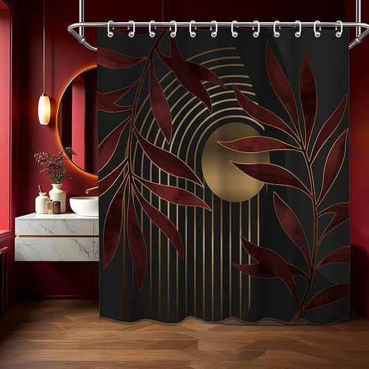 Boho Dark Red Shower Curtain, Mid Century Modern Gold Maroon Burgundy Shower Curtains for Bathroom, Waterproof Fabric Set with Hooks, 70x72 inches
