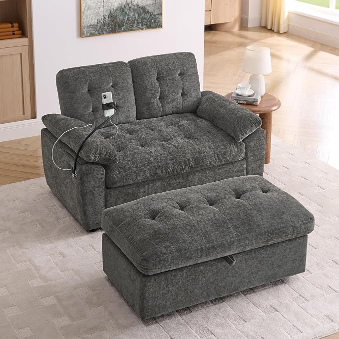 Oversized Chaise Lounge Chair Indoor, Double Convertible Recliner Reading Arm Sofa Chair W/Adjustable Backrest & Charging Port Couch Bed for Living Room, Home Theater & Bedroom, Grey