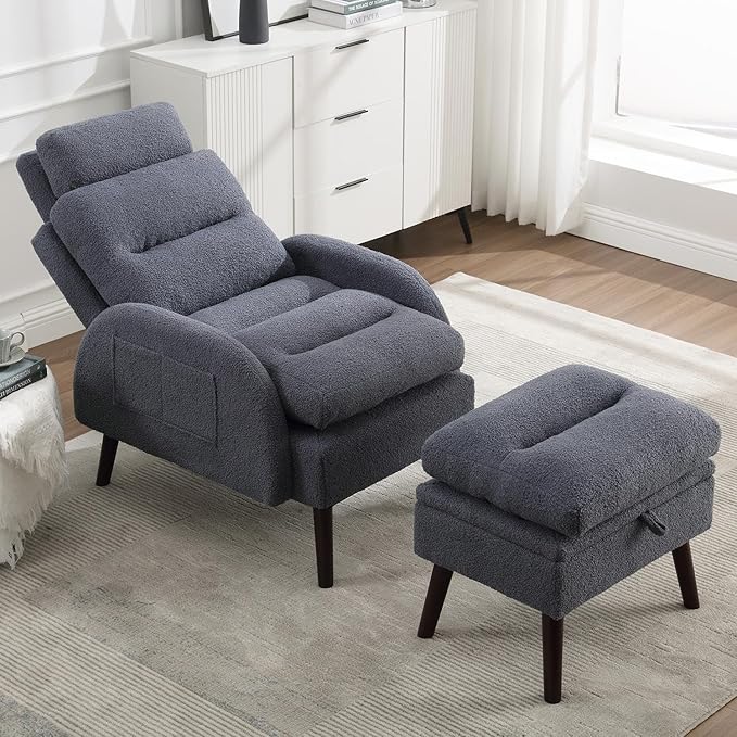 HCHAIRH Accent Chair with Ottoman, Comfy Reading Chair with Ottoman Set, Modern Oversized Velvet Lounge Armchair with Adjustable Backrest for Living Room Bedroom (Teddy Blue Grey)