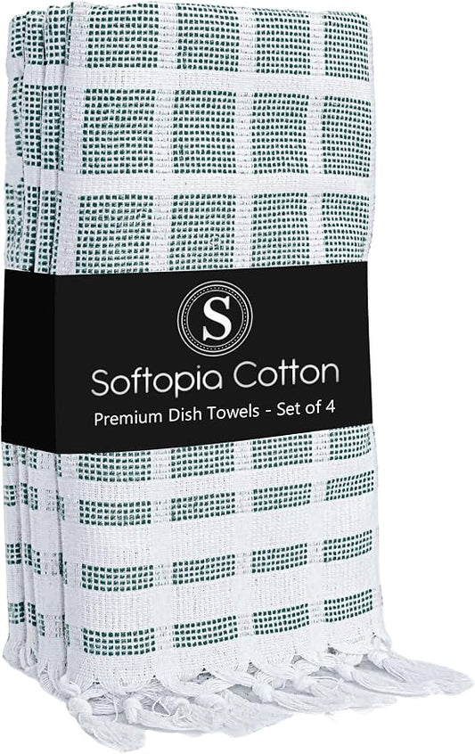 Matrix Dobby Kitchen Towels 4 Pack, 100% Cotton, 16x26 Inches, Reusable Dish Towels with Handmade Tassels, Washable Absorbent Tea Cloths for Cleaning, Cooking - Forest Green, White