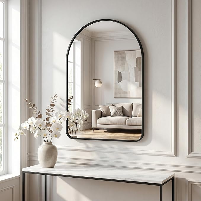 HARRITPURE 24"x36" Arched Bathroom Mirror, Wall Mounted Mirror, Black Arch Mirror, Aluminum Alloy Frame Wall Mirror for Living Room, Bedroom, Entryway