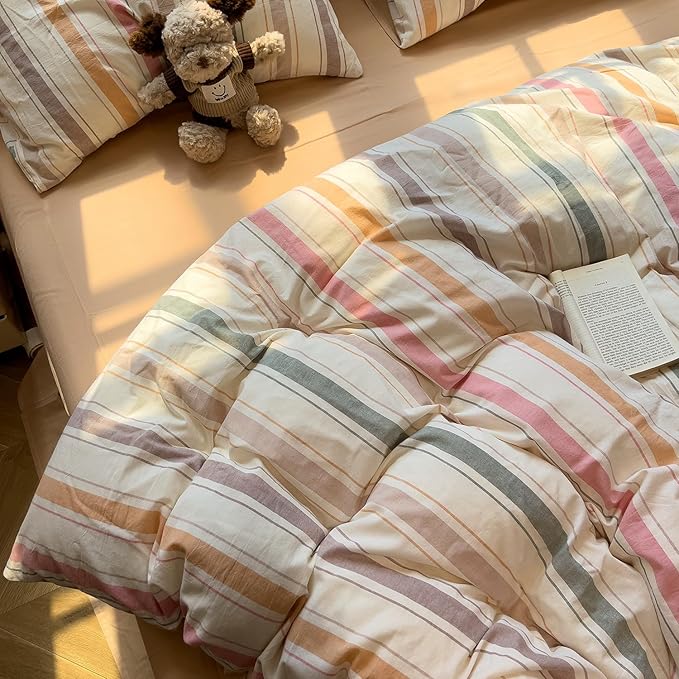mixinni Vintage Striped Duvet Cover Set Full, 3-Piece 100% Washed Cotton Bedding Set - Soft & Breathable Colorful Comforter Cover with Zipper, All-Season Lightweight Bed Set for Cozy Home