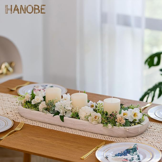 Hanobe Decorative Bowl Large Wooden: 25.5" Extra Long Wood Dough Bowls for Entry Way Table - Farmhouse Coffee Table Decor - Rustic Dining Table Centerpiece Decor, White