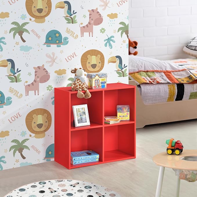 Kings Brand Furniture George 4-Cube Storage Organizer, 2-Tier Bookcase with Wood Shelves for Living Room, Bedroom, Nursery, or Home Office (Red, 1-Pack)