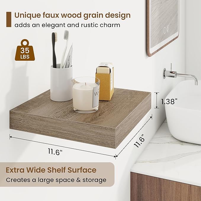 Marsmiles Square Floating Shelves for Wall, 12" W x 12" D x 1.5" H, 3 Pack Small Wall Mounted Engineered Wood Shelves with Invisible Brackets for Living Room, Bedroom, Bathroom, Kitchen Decor, Grey