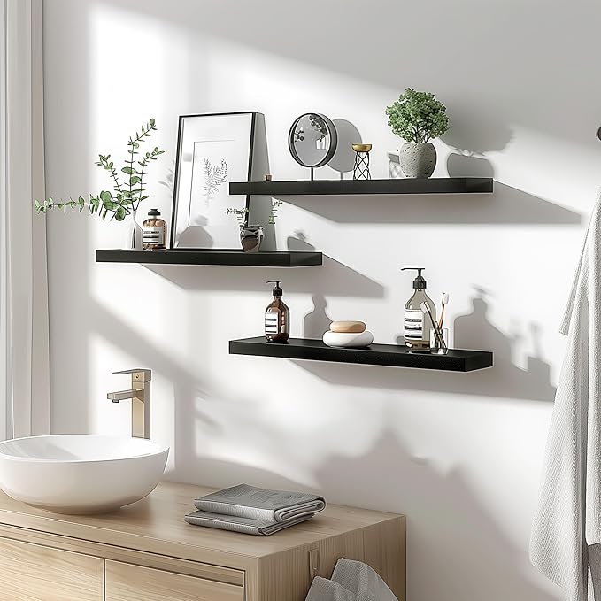 Wood Floating Shelves for Wall Decor, Rustic Wall Shelves for Bedroom Bathroom Kitchen Living Room, Set of 4 Black 24 Inch