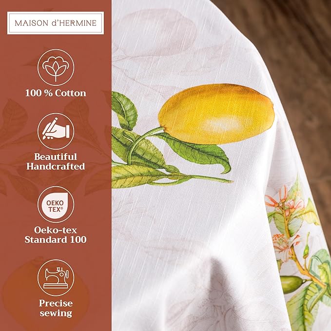 Maison d' Hermine Table Cloth Round Table 100% Cotton 63 Round Inches Tablecloth Reusable Decorative for Dining Room Farmhouse Home Valentines Day Decorations Spring Summer - Limoncello