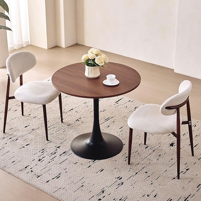 31.5" Round Dining Table for 2-4 Modern Circle Tulip Table with Metal Black Tulip Pedestal Base for Kitchen Dining Living Room Apartment Small Space Cafe, Brown