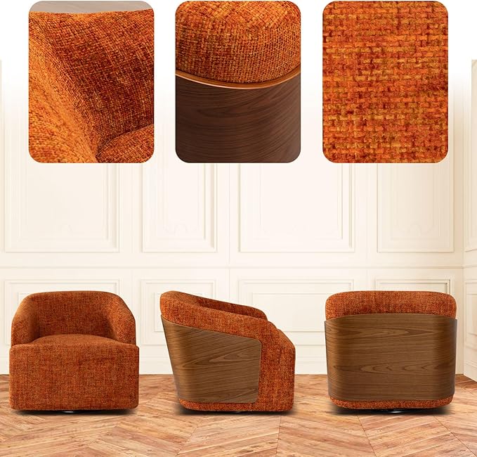 Swivel Accent Chair Linen Swivel Barrel Chair Comfortable Mid Century Modern Chair Upholstered Metal Base Armchair for Living Room Bedroom Office Large Vintage Orange