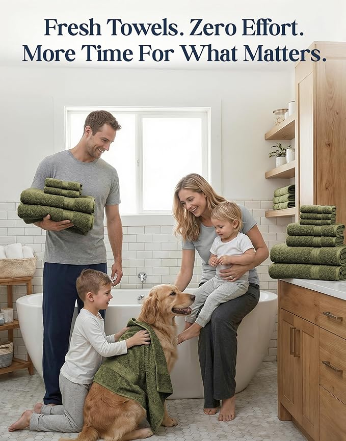 LANE LINEN Cotton Towels for Bathroom - 24 PCs - Highly Absorbent, Durable & Soft - 4 Bath, 4 Fingertip, 6 Hand Towels, 8 Washcloths, 2 Bath Sheets - Family Bundle Pack - Oil Green