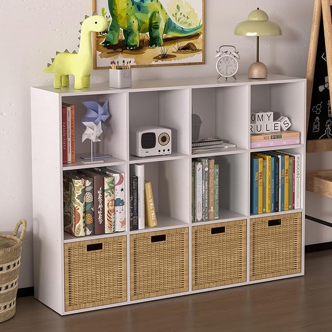Wooden 12 Cube Storage Organizer with Closed Back Panel,White Cube Shelf Cubby Storage Organizer with Compartments for Living,Bookshelf, Easy to Install (White, 12-Cube-11in)