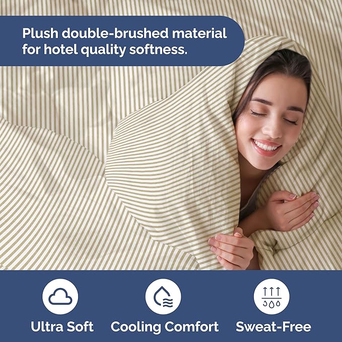 Duvet Cover Full Size - Extra Soft Full Size Duvet Cover - Lightweight, Breathable, Easy Care & Fade Free w/Zipper Closures & Ties - 80" x 90" Inches - (Beige Stripes 2) Comforter Not Included