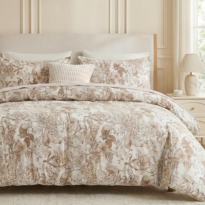 Khaki Floral Duvet Cover King Size 100% Cotton Vintage Botanical Duvet Cover Set 3 Pcs Soft Flower Bedding Set Breathable and Lightweight