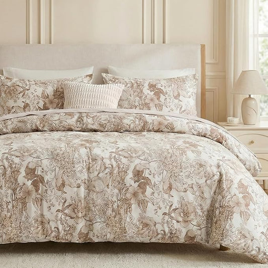 Khaki Floral Duvet Cover Queen Size 100% Cotton Vintage Botanical Duvet Cover Set 3 Pcs Soft Flower Bedding Set Breathable and Lightweight