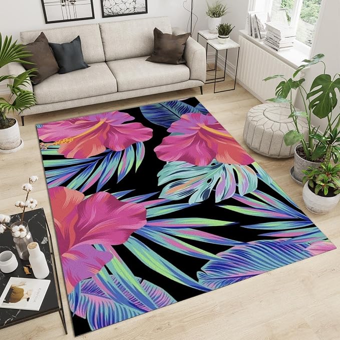 4x6 Area Rug Red Banana Flowers Green Leaves Indoor Non-Slip Kids Rug, Art Colorful Tropical Plants Upholstery Rug with Non-Slip Backing for Kids Boys Girls Bedroom Living Room Dining Room Study
