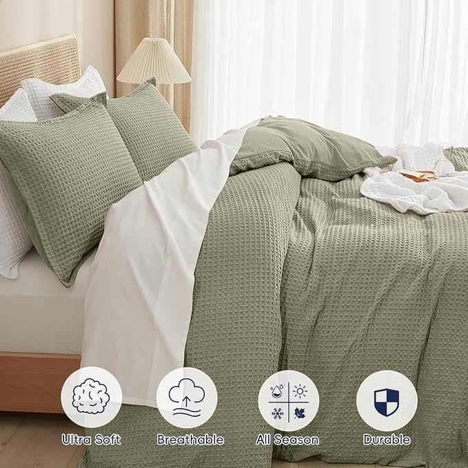 PHF Waffle Duvet Cover Set Queen Size, No Snagging Ultra Soft Luxury Textured Breathable Comforter Cover for All Season 3pcs, Durable Bedding Duvet Set with 2 Pillow Shams, 90"x90", Dusty Sage