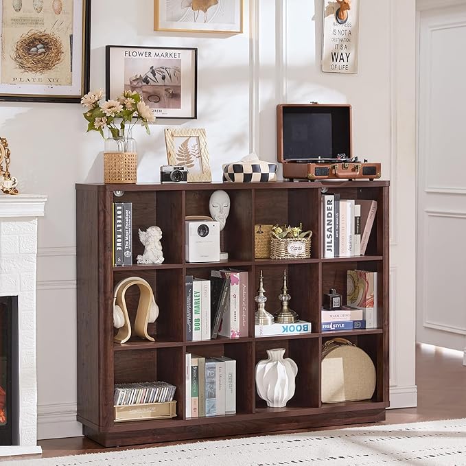 Joaxswe 12 Cube Storage Organizer, 41" Large Bookshelf with Curved Edge, Wood Floor Standing 3-Tier Cubby Bookcase w/Base, Vintage Display Storage Cabinet, Book Case for Living Room, Office, Walnut