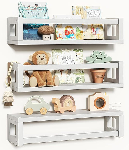 Upgraded Thick Floating Shelves, Solid Wood Bookshelf for Wall, Floating Book Shelves Use as Wall Shelves for Bedroom, Kids Room, Nursery, Books, Spice Rack & Decor - White