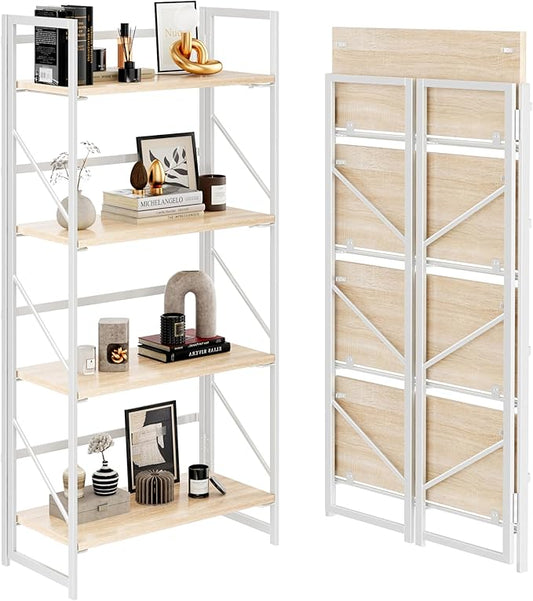 JSB No Assembly Folding Bookshelf, 4 Tier Industrial Metal Book Shelf for Storage, Vintage Wood Foldable Bookcase for Living Room, Bedroom, Office Organization Shelves