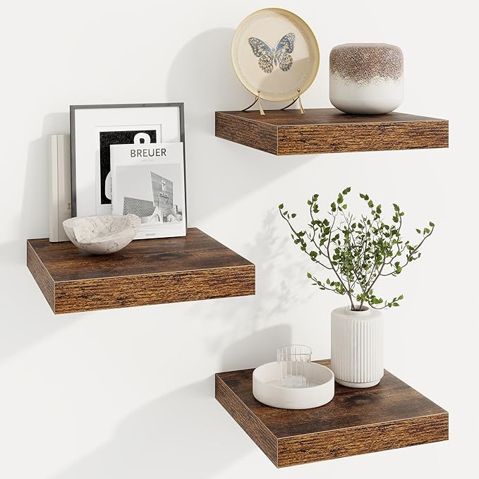 Square Floating Shelves for Wall, 9.25"W x 9.25"D x 1.25"H, 3 Pack Small Wall Mounted Engineered Wood Shelves with Invisible Brackets for Living Room, Bedroom, Bathroom, Kitchen Decor, Rustic Brown