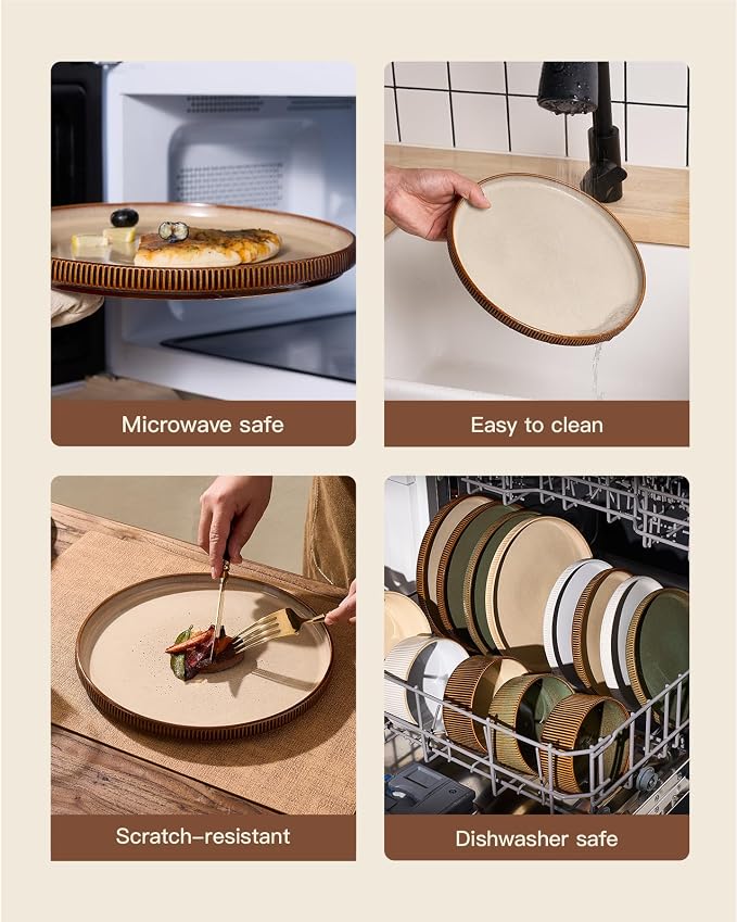 Stoneware Plates and Bowls Dishes Sets Service for 6 (18-Piece), Famiware Premium Handcrafted Reactive Glaze Dinnerware Set with Raised Rim, Scratch Resistant, Microwave Dishwasher Safe, Cream Cocoa