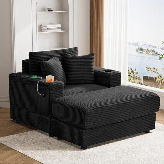 Oversized Chaise Lounge Chair Indoor with USB, Cup Holder & Ottoman, Firm Solid Wood Frame with Long Service Life Corduroy Oversized Lounge Reading Chair for Study Room - Black
