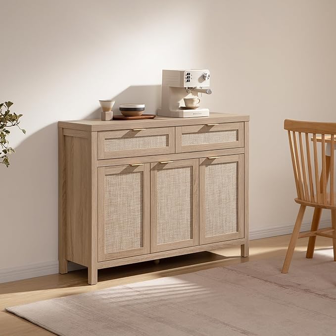SICOTAS Rattan Sideboard Buffet Cabinet with Storage, Boho Credenza Accent Cabinet with 3 Doors and 2 Drawers, Farmhouse Console Coffee Bar for Kitchen, Living Room, and Entryway, Light Oak