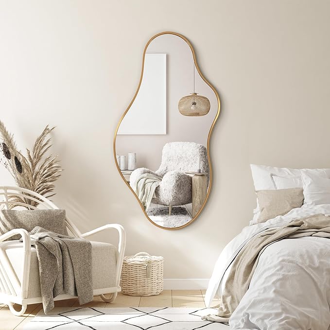 Irregular Wall Mirror, 24"x43" Gold Abstract Asymmetrical Mirrors for Wall, Decorative Cloud Wavy Mirror for Bathroom, Bedroom, Cloakroom, Entryway, Shatter-Proof Aluminum Alloy Frame