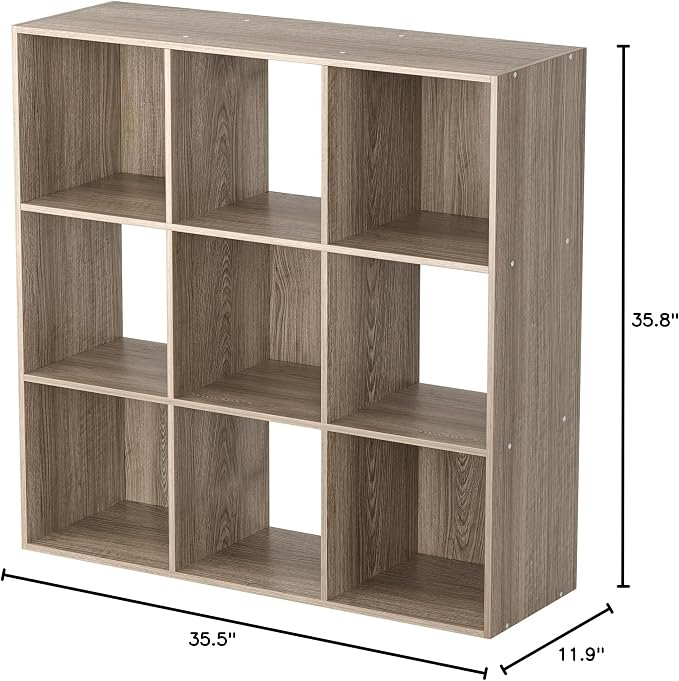 ZenStyle 9 Cube Storage Shelf Organizer, Wooden Bookshelf System Display Cube Shelves Compartments, Customizable W/ 5 Removable Back Panels (Natural)