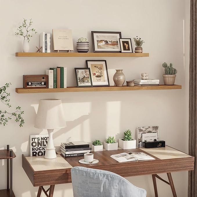 8 Inch Deep Floating Shelves, USA-Sourced Rustic Elm Wood Wall Shelves for Storage, Wall Mounted Display Shelving with Invisible Heavy-Duty Metal Bracket (Natural, 24" W x 8" D, Set of 2)