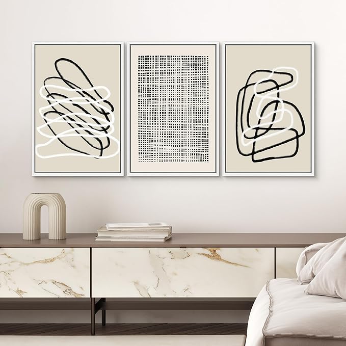 SIGNWIN Framed Canvas Print Wall Art Set Grunge Watercolor Paint Strokes Abstract Shapes Cozy Neutral Modern Art Decorative Boho Relax/Zen Nordic for Living Room, Bedroom, Office - 24"x36"x3 White