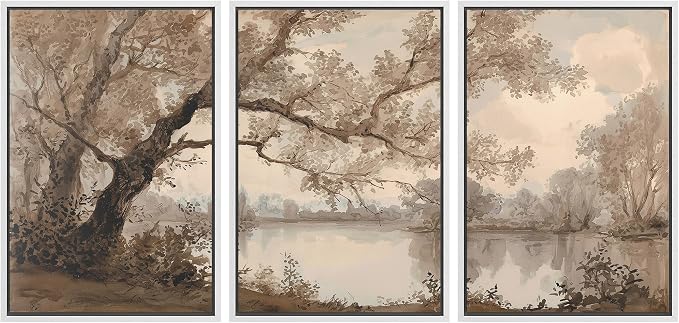 wall26 Framed Print Wall Art Set Sepia Watercolor Lakeside Tree Landscape Decorative Minimal Relax/Zen for Living Room, Bedroom, Office - 24"x36"x3 White