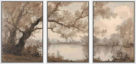 wall26 Framed Print Wall Art Set Sepia Watercolor Lakeside Tree Landscape Decorative Minimal Relax/Zen for Living Room, Bedroom, Office - 24"x36"x3 White