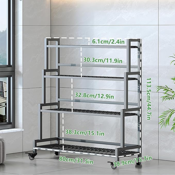 YIZAJIA Plant Stand Indoor 4 Tier Metal Outdoor Tiered Stands Shelf With wheel for Multiple Plants Potted Ladder Plant Holder Table Plant Pot Stand for Window Garden Balcony Living Room