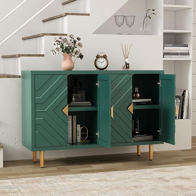 HLR 48" Accent Cabinet with 4 Doors and Shelves, Modern Sideboard Buffet Cabinet with Decorative Embossed Pattern Doors, Credenza Storage Cabinet for Living Room, Kitchen, Dining Room, Hallway