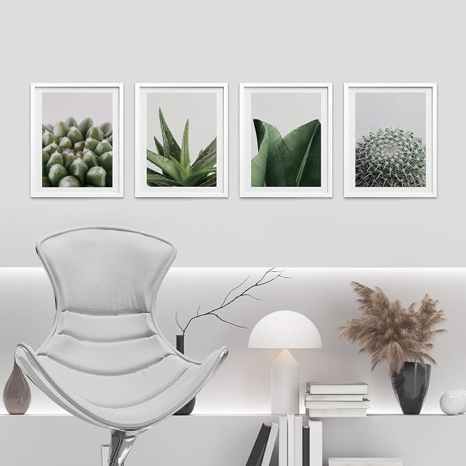 SIGNWIN Framed Tropical Island Wall Art, Set of 4 Green Desert Plant Cactus Snake Plant Wall Decor Prints, Nature Wilderness Wall Décor for Living Room, Bedroom - 8"x10" White