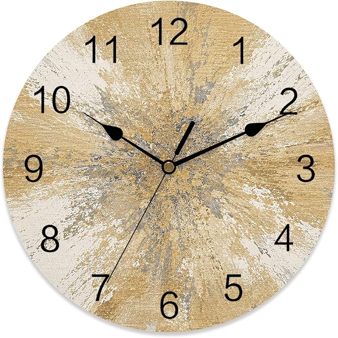 Yellow Round Wall Clocks 12 Inch Abstract Yellow Sunburst Vignette Splatter Style Industrial Silent Non-Ticking Battery Operated PVC Clock for Wall Home Decor Kitchen Living Room Bedroom Office