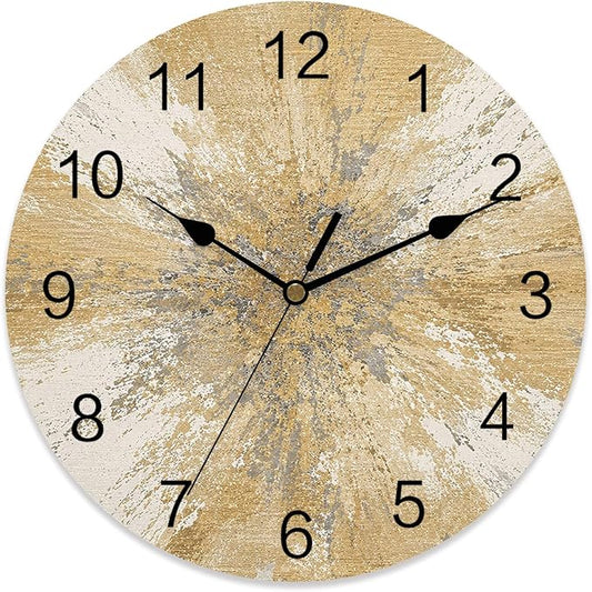 Yellow Round Wall Clocks 10 Inch Abstract Yellow Sunburst Vignette Splatter Style Industrial Silent Non-Ticking Battery Operated PVC Clock for Wall Home Decor Kitchen Living Room Bedroom Office