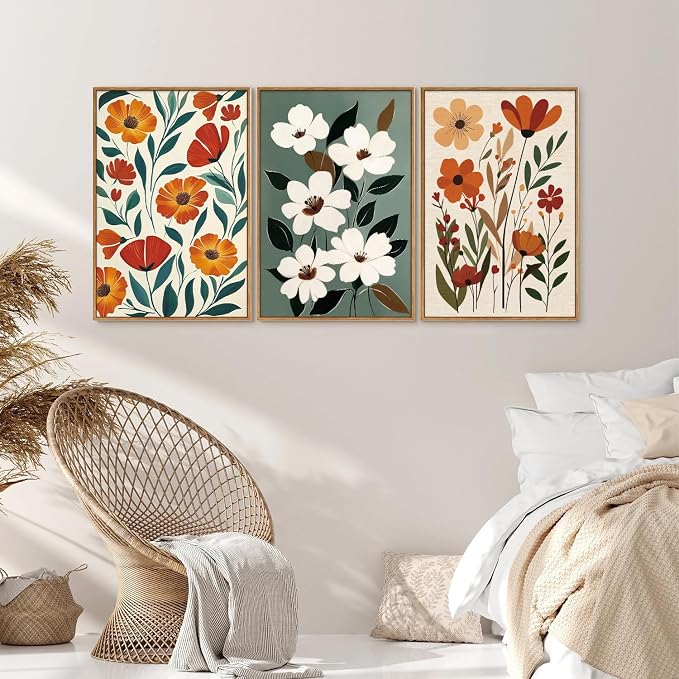 KaiWithYuan Vintage Floral Framed Canvas Wall Art, Boho Burnt Orange Flower Wall Decor, White Wild Flower Art Paintings, Retro Cozy Farmhouse Botanical Artwork for Bedroom Living Room Office 16"x24"x3
