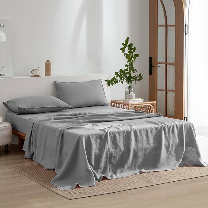 EVERLY Linen Sheets California King Size 100% French Stonewash Pure Linen Bed Sheets 4Pieces (1Flat Sheet,1Fitted Sheet,2Pillowcase) Suitable for Hot Sleepers,Deep Pocket Natural Bedding Set-Grey