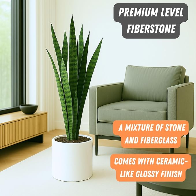 Fox & Fern Large Indoor Planter, Modern Large Plant Pot for Indoor or Outdoor, UV and Frost Resistant - 10 Inch, Fiberstone, Glossy White Flower Pot with Drainage Plug, Lightweight