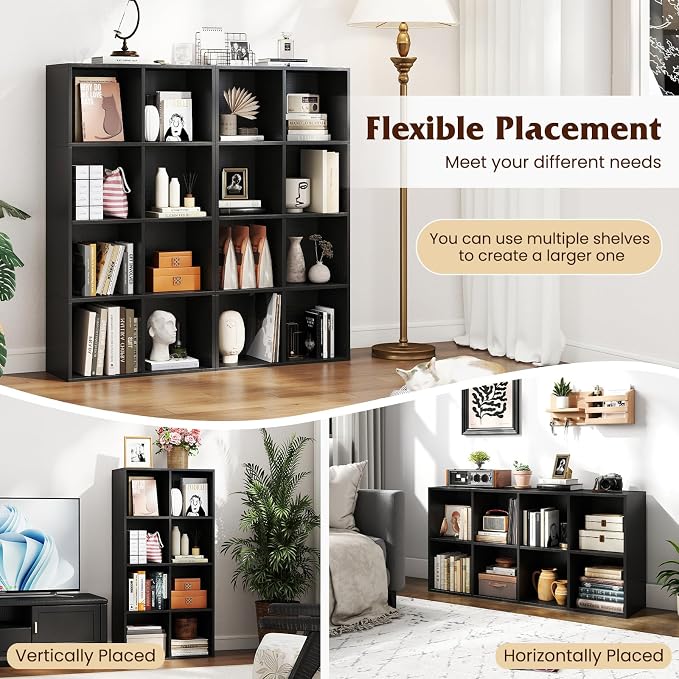 Tangkula 8-Cube Bookcase, Large Floor Standing Horizontal Bookshelf with 8 Open Shelves & 2 Anti-Tipping Kits, Home Office Wooden Storage Book Shelf for Living Room, Study (Black, 8-Cube)