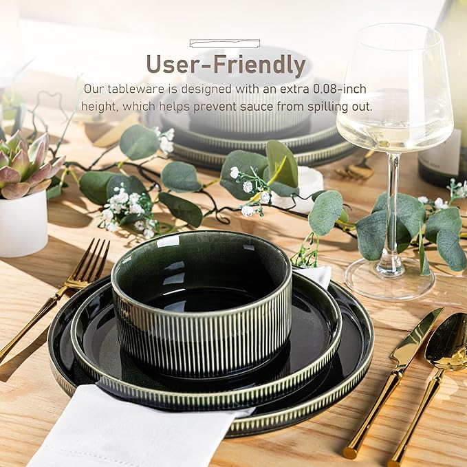 GBHOME 12-Piece Stoneware Dinnerware Set for 4 – Ribbed Ceramic Plates and Bowls, Scratch-Resistant, Microwave & Dishwasher Safe, Reactive Glaze, Mossed Jade