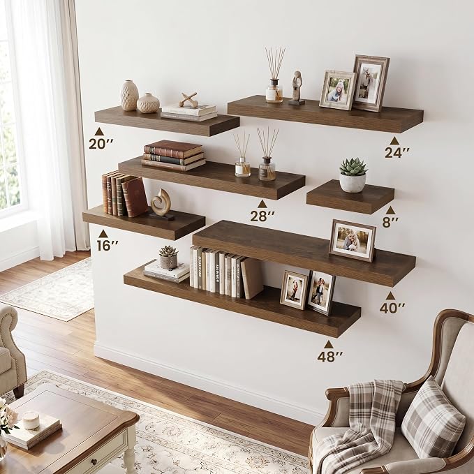 RICHFOCUS 8 Inch Floating Shelves for Wall Small Square Shelves Set for Bedroom|Kitchen|Bathroom|Laundry Room Rustic Wood Wall Mounted Shelf with Invisible Brackets for Books|Storage|Decor, Walnut