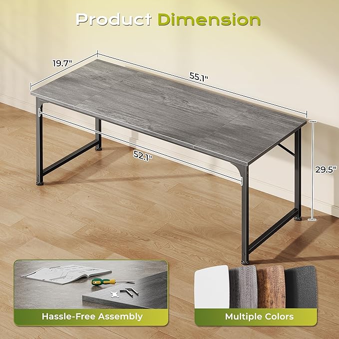 PRAISUN 55 Inch Computer Desk, Home Office Desk with Spacious Desktop, Modern Gaming Desk, Writing Study Table for Bedroom, Small Spaces, Work from Home Desk with Metal Frame, Grey