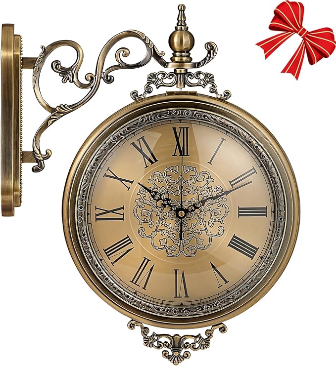 Large Vintage Double Sided Wall Clock with Glass & Metal, Roman and Arabic Numerals, Silent Non-Ticking Battery Operated Antique Clock for Living Room, Office, Hallway Decor (15x18.5 Inch)