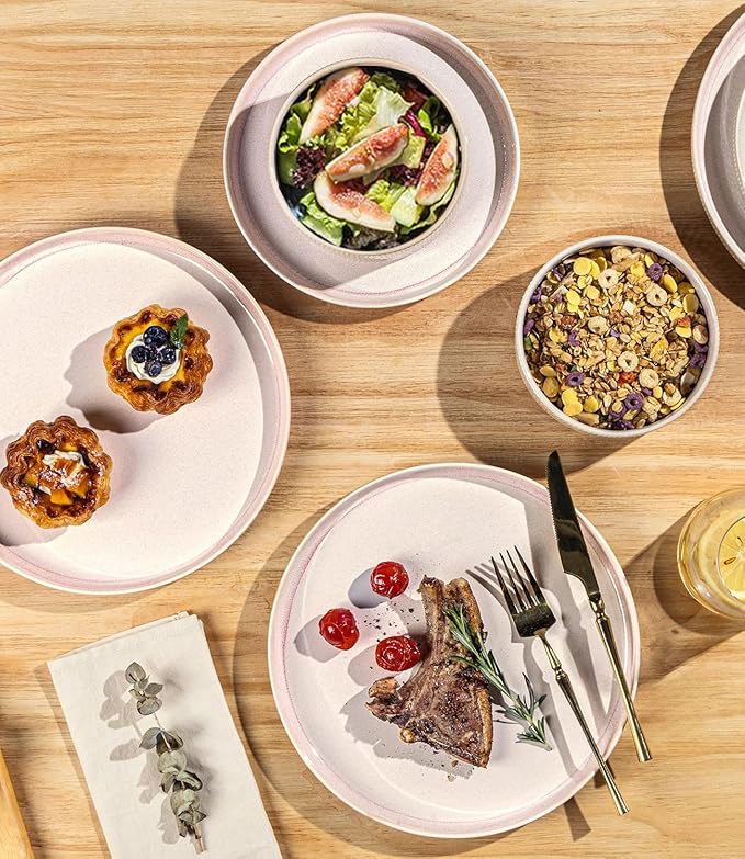 TheTerra Ceramic Dinnerware Sets for 6, 18 Pieces Porcelain Lightweight Speckled Plates and Bowls Sets, Scratch Resistant Dish Set, Oven & Microwave & Dishwasher Safe, Blush
